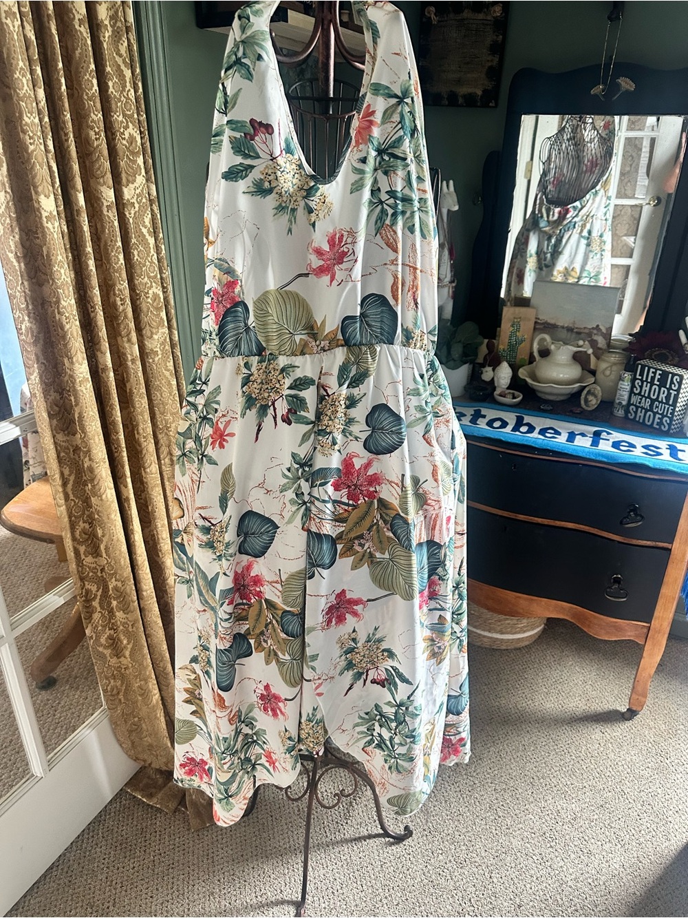 Floral White Maxi Dress with Tropical Print
